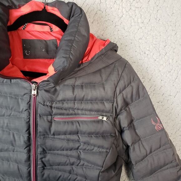 Spyder Down Puffer Jacket Womens M Gray Pink Hooded Zip Winter Ski Luxe 38x26 - Picture 4 of 14